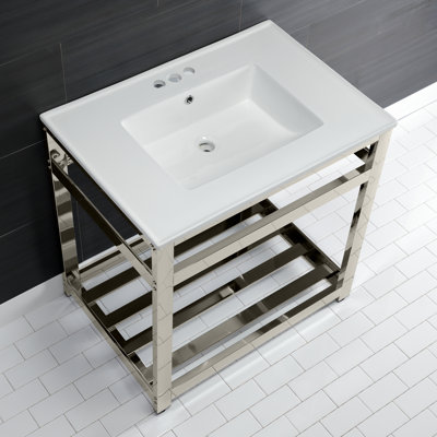 Kingston Brass Quadras 31-Inch Ceramic Console Sink with Steel Base and Shelf