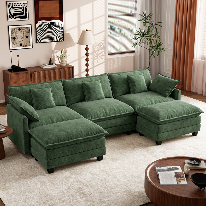 George  111.5" Modern 5 Seat Chenille U Shaped Modular Sectional Sofa With Two Ottomans, Green