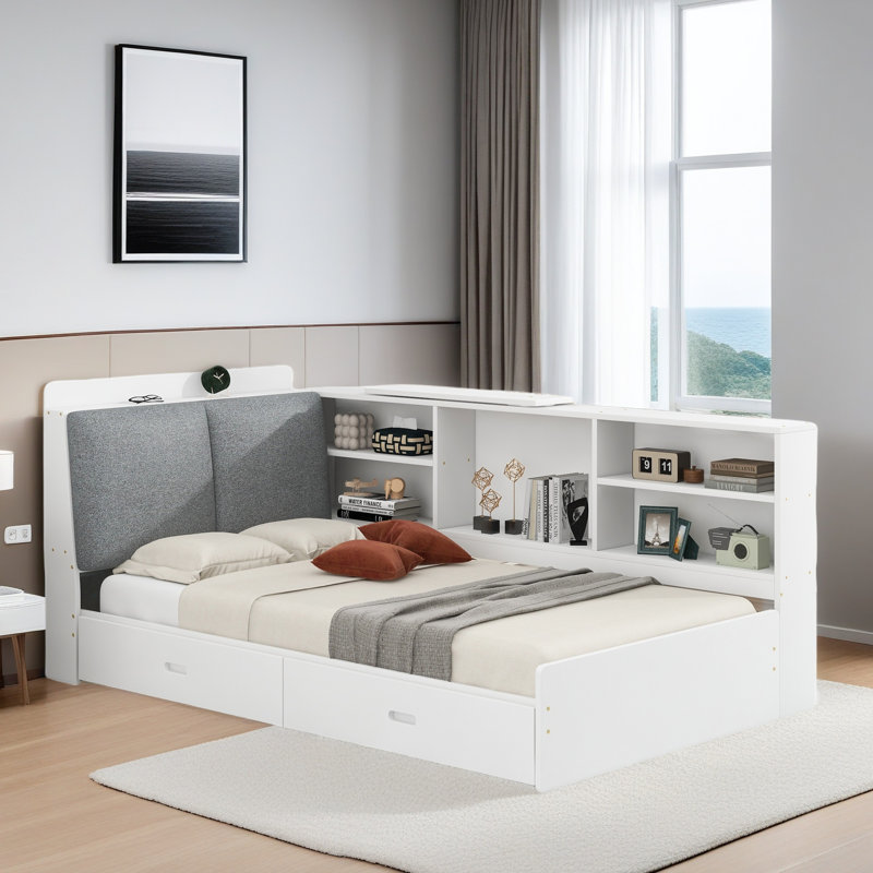 Platform Bed With Upholstered And Storage Headboard, Rotatable Board, Storage Shelves And 2 Drawers, White