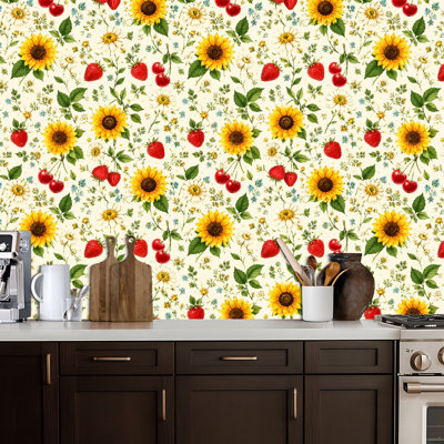 Peel and Stick Wallpaper Sunflower Daisy Cherry Strawberry Beige boho autumn Contact Paper Removable Self Adhesive Wall Mural Wall Decor for Bedroom Kitchen Cabinets 17.7in x 118in