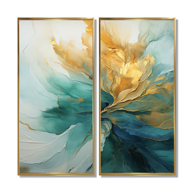 Gold And Teal Aurora Harmony - Abstract Spirals Framed Canvas Print, Gold Abstract Wall Art Set Of 2