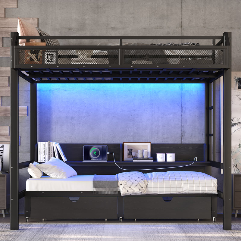 Full over Full Bunk Bed with Storage Shelves and Drawers,Multifunctional Metal Bunk Beds with USB Ports and LED Lights, Lower Bed that can be converted into a sofa, Black
