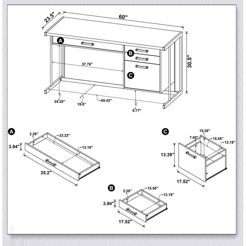 Bureau de bureau luge Gunmetal avec plateau à clavier réglable et rangement à 3 tiroirs pour une ergonomie et une organisation améliorées