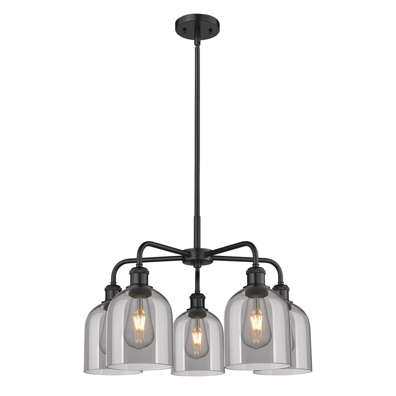 Lustre en forme de cloche à intensité variable en acier à 5 lumières Odaniel, Noir mat, Gris fumée clair