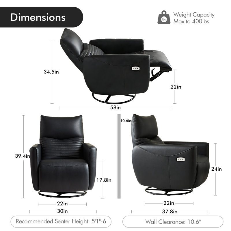 Genuine Leather Power Recliner Chair, Swivel Rocker Glider Recliner for Nursery, Living Room Reclining Chair, Black