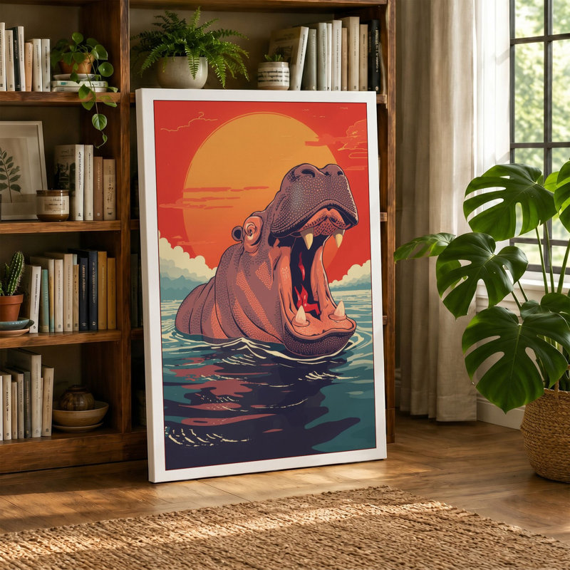 Hippopotamus Rising Retro - Wrapped Canvas, 24x16 - 61.0 x 40.6 cm, Terracotta Border