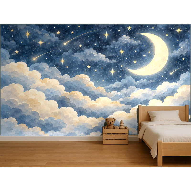 Dreamy Starry Clouds Night Wallpaper Mural, Peel and Stick Kids Room Wall Mural, Watercolor Nursery Wallpaper Made to Measure