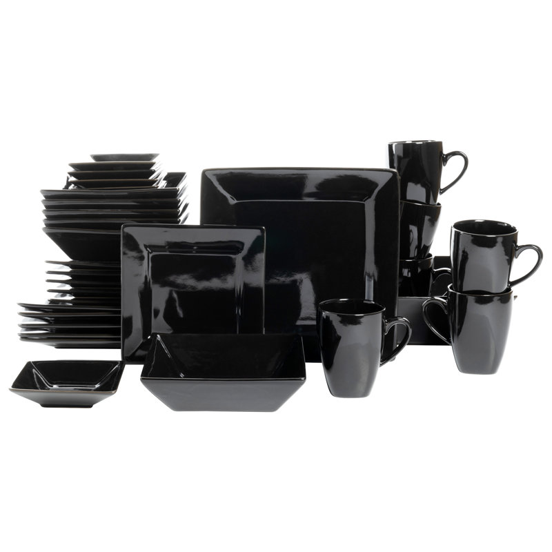 Nova Square Stoneware 38 Piece Dinnerware Set, Service for 6, Black