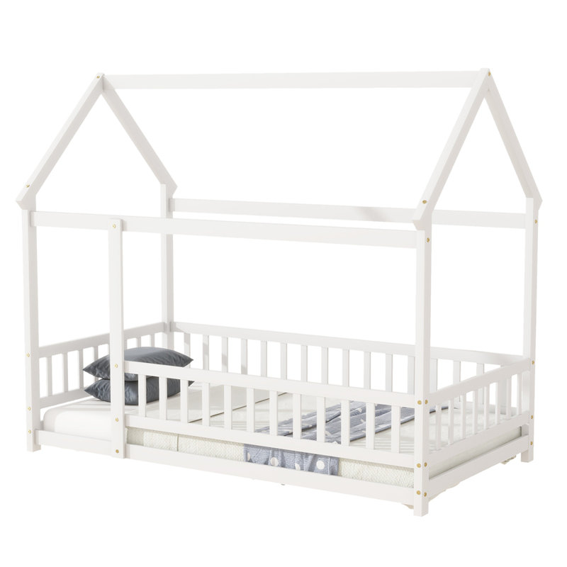 Lit simple en bois avec structure de toit et garde-corps, Blanc