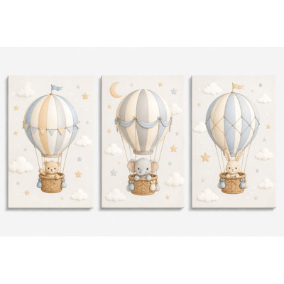 Large Set of 3 Baby Hot Air Balloon Animal Nursery Wall Art Blue Beige Neutral Safari Nursery Decor for Baby Boy Room Kids Bedroom 16x24 Inch Canvas Print - Ready to hang