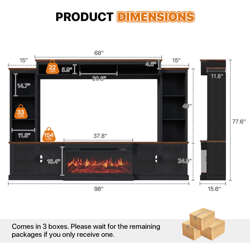 98" Tv Stand With Electric Fireplace, Large Entertainment Center For 70" Tvs, Tv Console With Charging Station, Cable Holes, Adjustable Shelves & Glass Doors