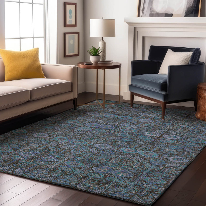 Premium Machine Washable Cerrito AMF574 Teal Rug, Rectangle 10' x 14'