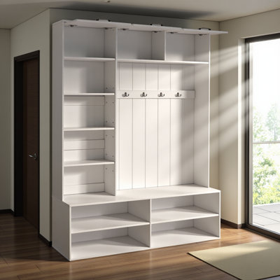 Arbre d'entrée 76,9 po avec banc et rangement pour chaussures, banc d'entrée 5 en 1 avec portemanteau, armoire de rangement moderne avec 4 crochets pour le couloir, l'entrée et le salon