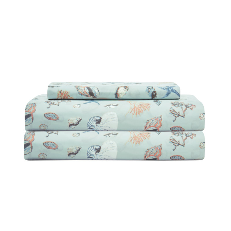 Coastal Print Sheet Set, Twin Sheet Set with Fitted Sheet and 1 Pillowcase