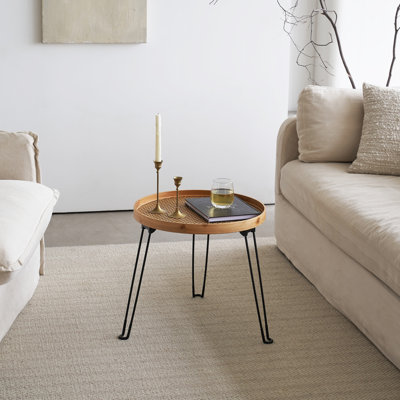 Round Wood And Rattan Side Table, Foldable Table With Metal Tripod, Rattan Round Tray Top, Boho Style, Chic Coffee Table, Side Table (Height 17.7", Grid Knit Pattern)