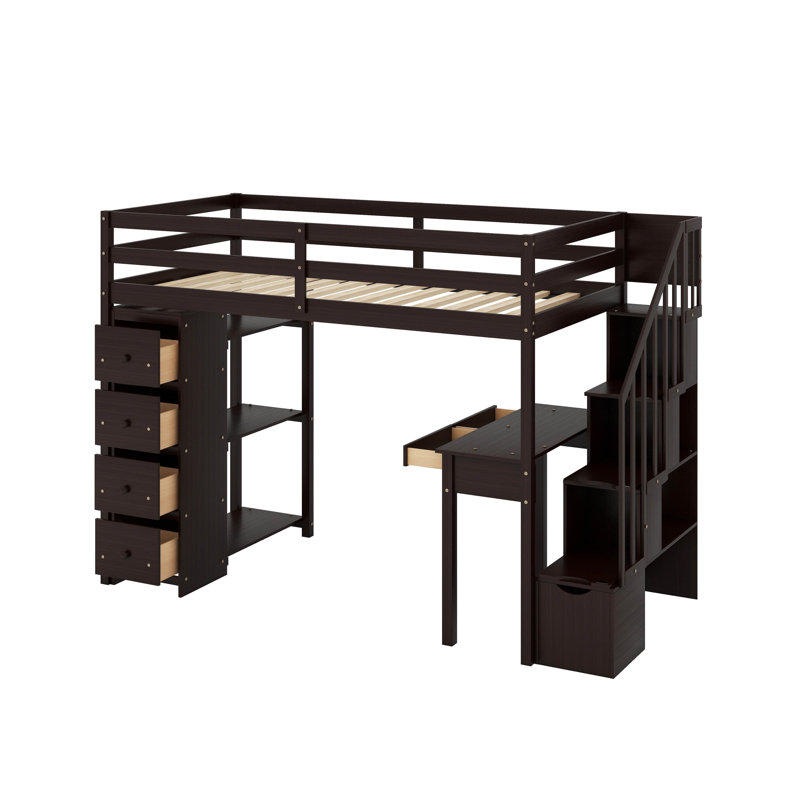 Twin Loft Bed With Drawers,Desk And Stairs, Espresso