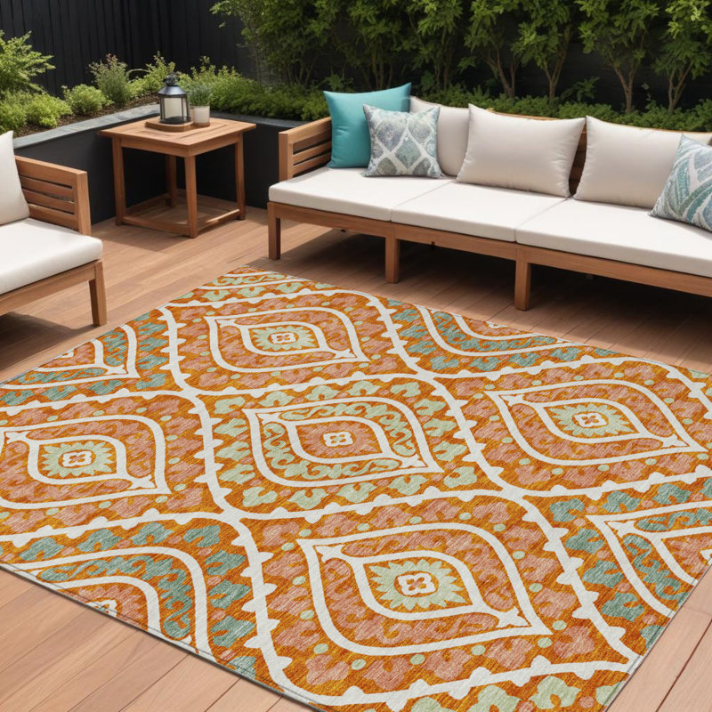 Tapis extérieur lavable floral orange 8 pi x 10 pi pêche et ivoire