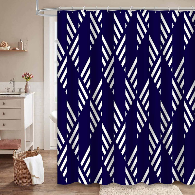 Rideau de douche à rayures géométriques bleu marine à 12 crochets, L 72 po x l 78 po