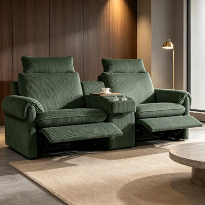 Causeuse inclinable 2 places avec console, canapé en velours côtelé avec charge USB, porte-gobelets et plateau de rangement, vert