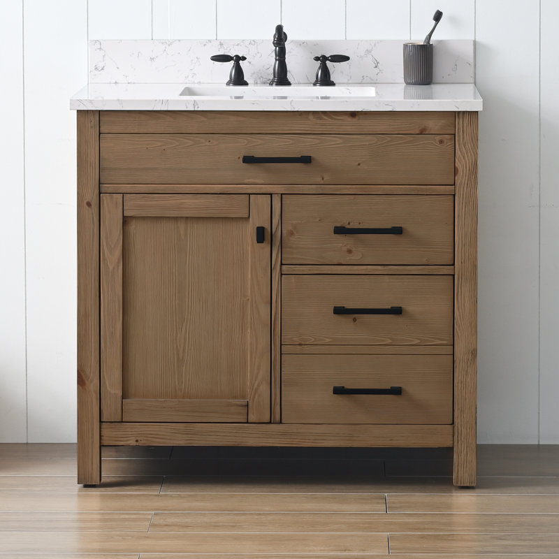 Ajiya 36" Single Bathroom Vanity Set, Textured Natural/Matte Black, Carrara White