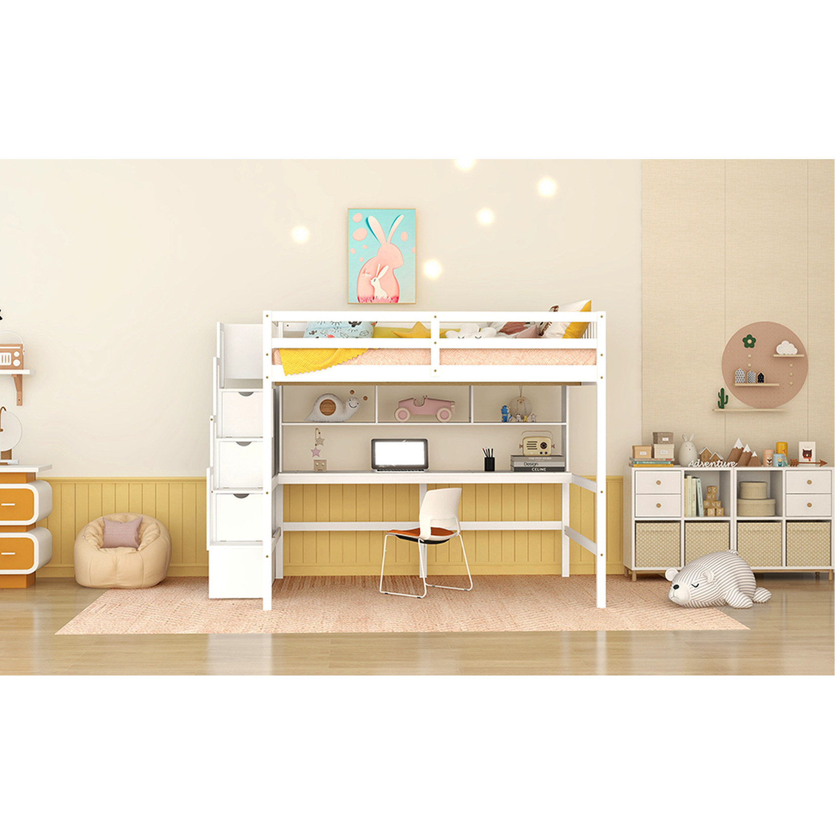 Latitude Run® Loft Bed With Built-in Desk And Storage In White