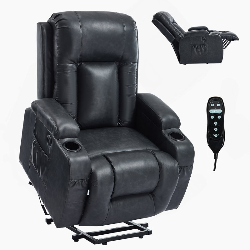 Dark Grey PU lInfinite Position Up to 350 LBS Power Lift Recliner Chair for Elderly, Heavy Duty Motion Mechanism with 8-Point Vibration Massage and Lumbar Heating, USB Charging Port, Cup Holders