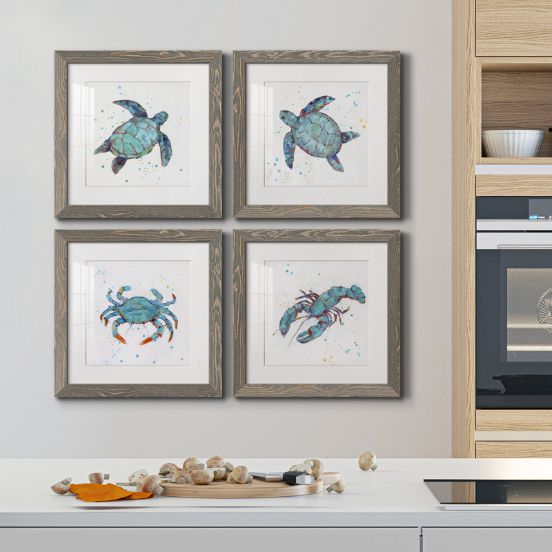 «Bubble Blue Turtle I», ensemble de 4 peintures sur toile encadrées, H 17 po x l 34 po x P 1,5 po, Érable encadré