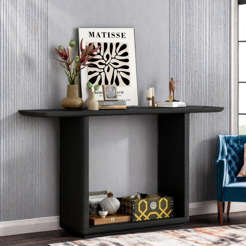 Minimalist Console Table With Curved Corners And U-base Design, Black