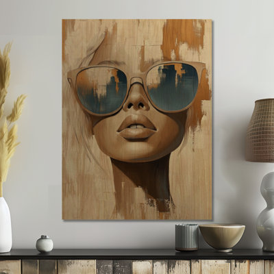 Reflets dans des lunettes de soleil bleues I - Décoration murale en bois tendance pour femme