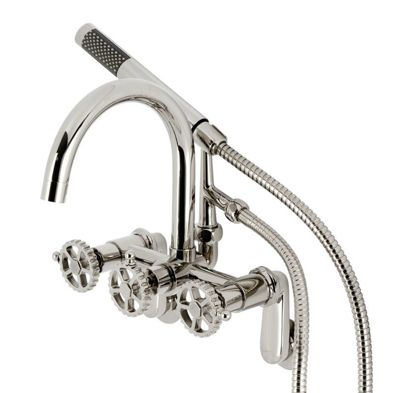 Kingston Brass Fuller Three-Handle 2-Hole Tub Wall Mount Clawfoot Tub Faucet with Hand Shower, Gray