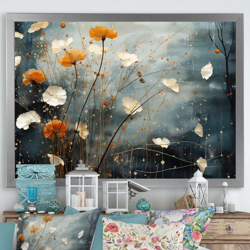 Coral Dandelion Floral Symphony III sur impression sur toile, H 34 po x l 44 po x P 1,5 po, Cadre photo argenté