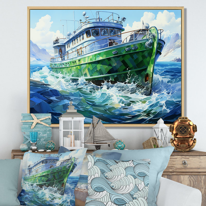 «Green Cubist», art mural mural, H 16 po x l 32 po x P 1 po, Cadre flottant brun