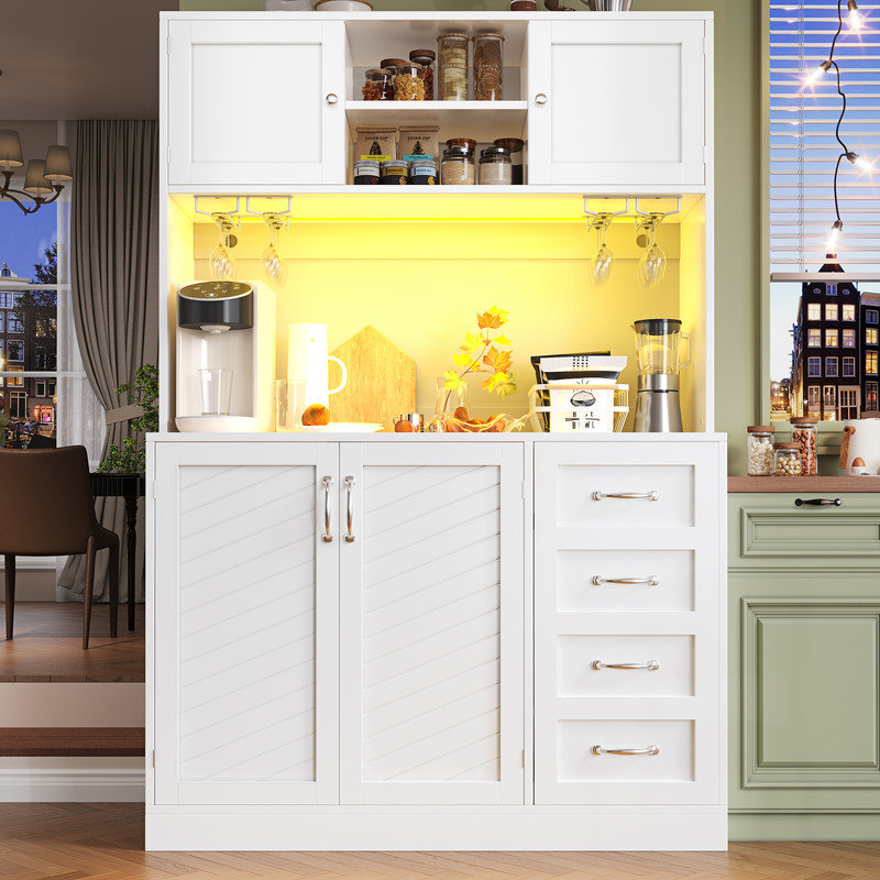 Green/White Kitchen Cabinet with LED Lighting, 4 Doors & 2 Large Drawers, Snack Rack & Drink Holders, Sideboard for Dining Room