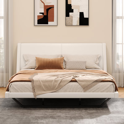 King Size Bed Frame, White Upholstered Pu Leather Platform Bed, Wave - Like Curve, Legs, Silent Assembly, Long Standing Durability With No Box Spring, Smooth And Comfortable