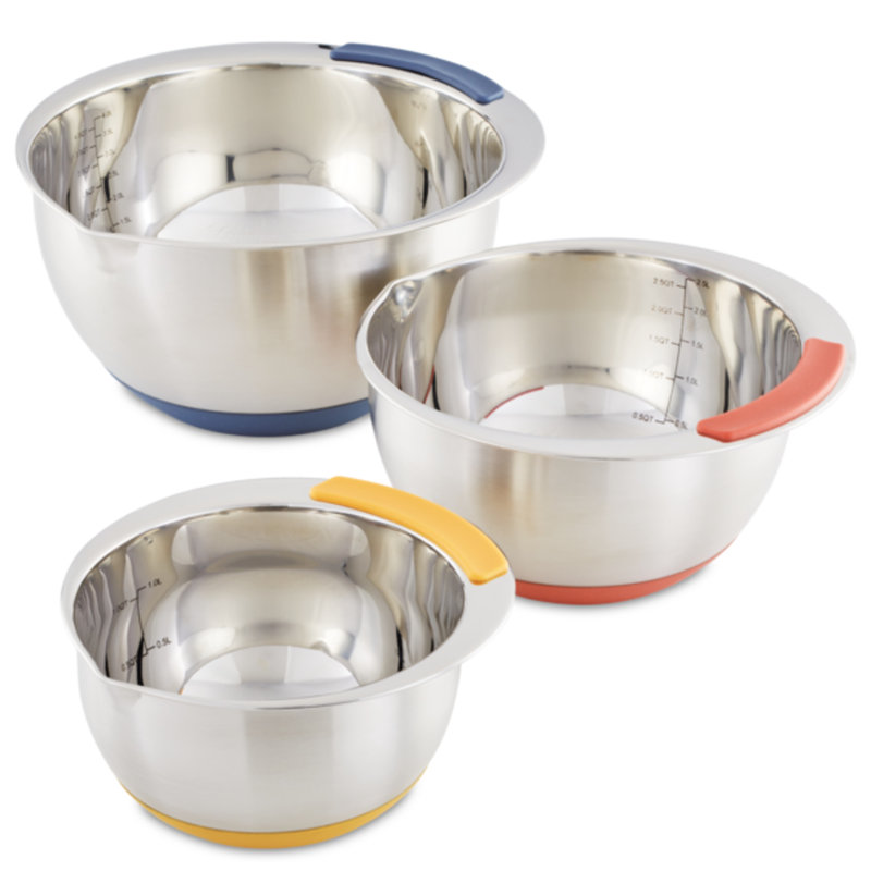 Ayesha Curry Pantryware Stainless Steel Nesting Mixing Bowls Set, 3-Piece, Silver With Color Accent Handles