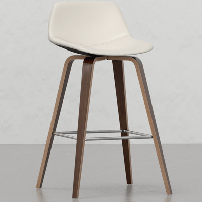 De 2 tabourets - siège en similicuir crème, repose-pieds, placage brun, look moderne Mid-Century, ensemble de 2 tabourets rembourrés avec placage et repose-pieds