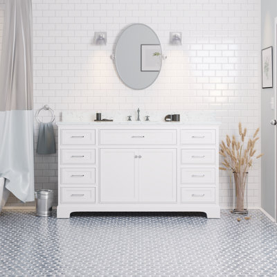 Meriline 60" Single Bathroom Vanity Set with White Cabinet and Engineered Marble Countertop