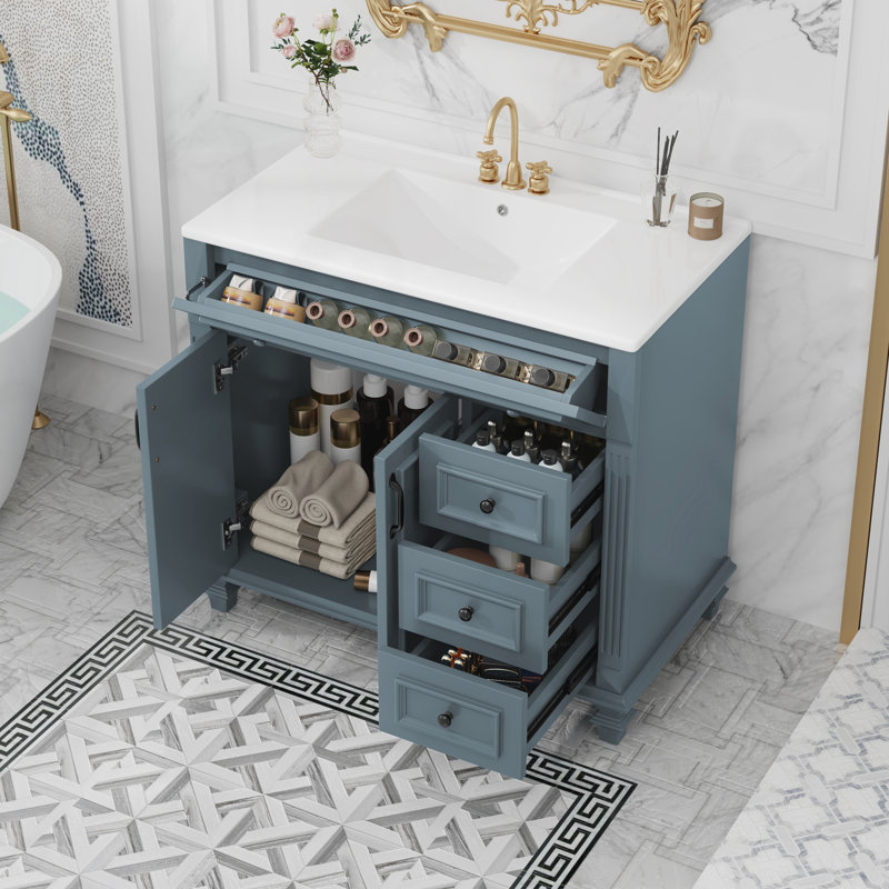 Meuble-lavabo de salle de bain avec tiroir rabattable, 3 tiroirs et tablette réglable
