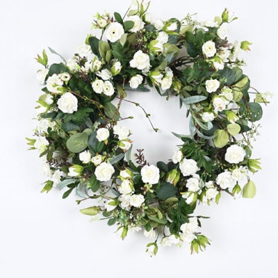 22" Artificial Farmhouse Spring Summer Blossoms Cluster Foliage Rose Floral Wreath For Front Door