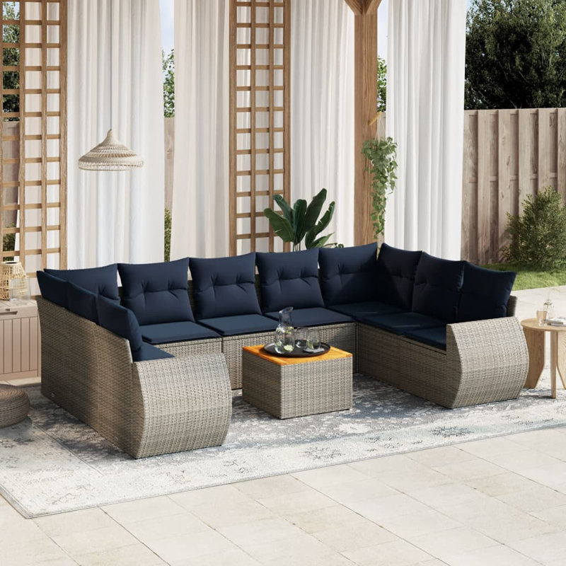  Ensemble de canapé de patio 10 pièces avec coussins en rotin de polyester gris