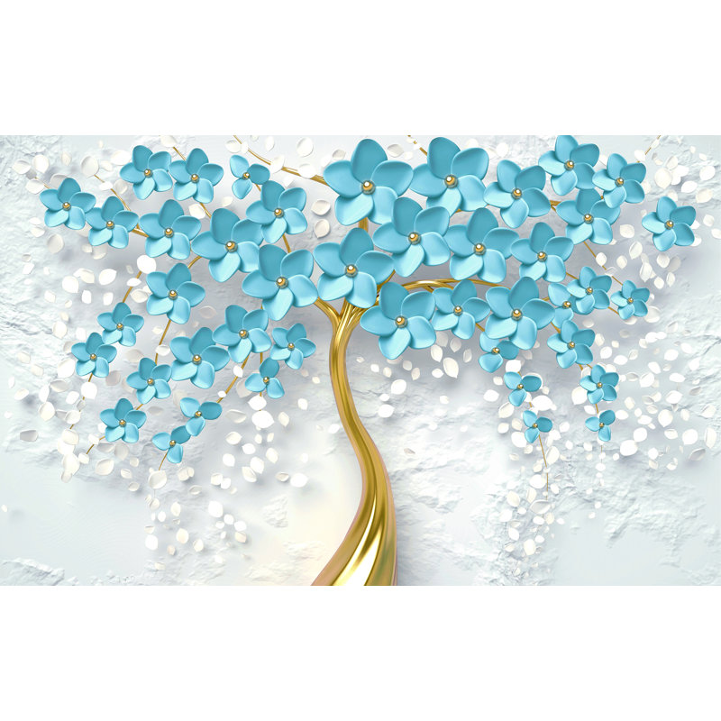 «Blue Blossom Tree with Gold Trunk», art mural sur toile tendue, H 12 po x l 16 po x P 1 po