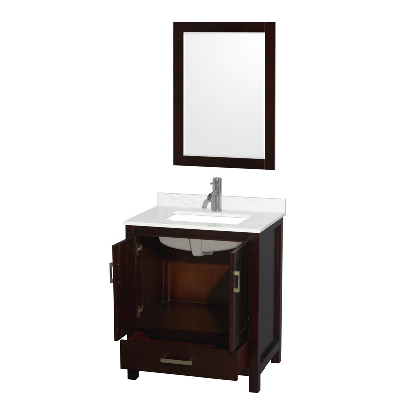 Ensemble de meuble-lavabo simple autoportant 30 po avec plateau en quartz Sheffield et miroir 24 po, Brun, Chrome