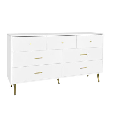 Grande armoire à tiroirs sept tiroirs avec poignée dorée et pieds dorés de couleur blanche
