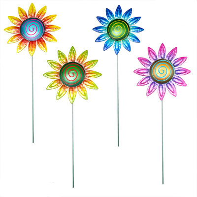 4 Pcs Metal Flower Garden Stakes, 14.96inch Outdoor Garden Decor Metal Flower Stick for Patio, Lawn, Yard, Pathway, Mixed colors