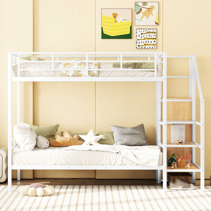 Lit simple superposé au-dessus de métal en blanc avec côté et garde-robe - Pratique, élégante et polyvalente, Lit simple
