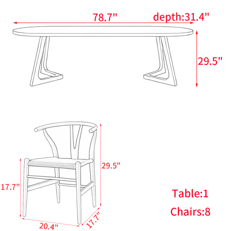 Modern simple solid wood dining table set., 29.5"H x 78.7"L x 31.4"W