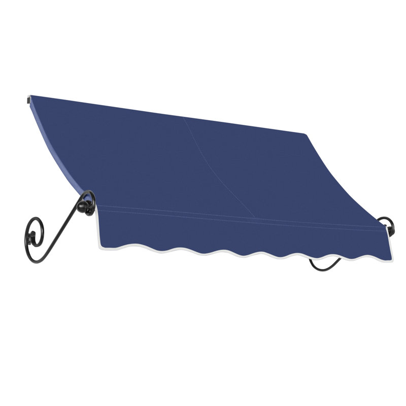 Awntech Charleston Acrylic Fabric Awning with Iron Scroll Arms, Navy, 18" H x 76.5" W x 36" D