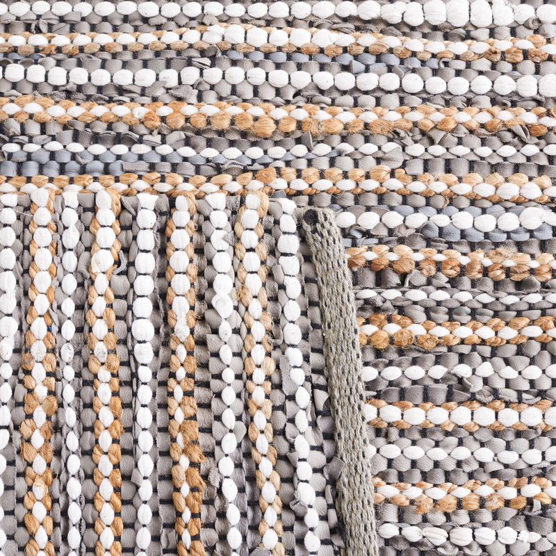 Gereld Vintage Leather Hand Woven Leather/Jute Striped Rug in Grey/Ivory, Rectangle 5' x 8'
