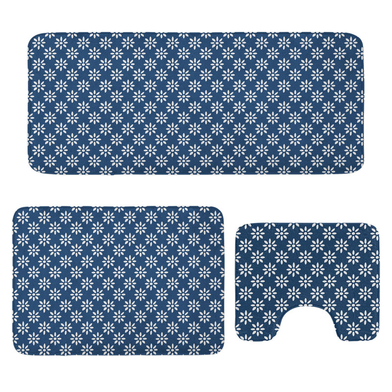 Ensemble de 3 tapis de salle de bain Dutch et tapis rectangulaires en U bleu marine et blanc