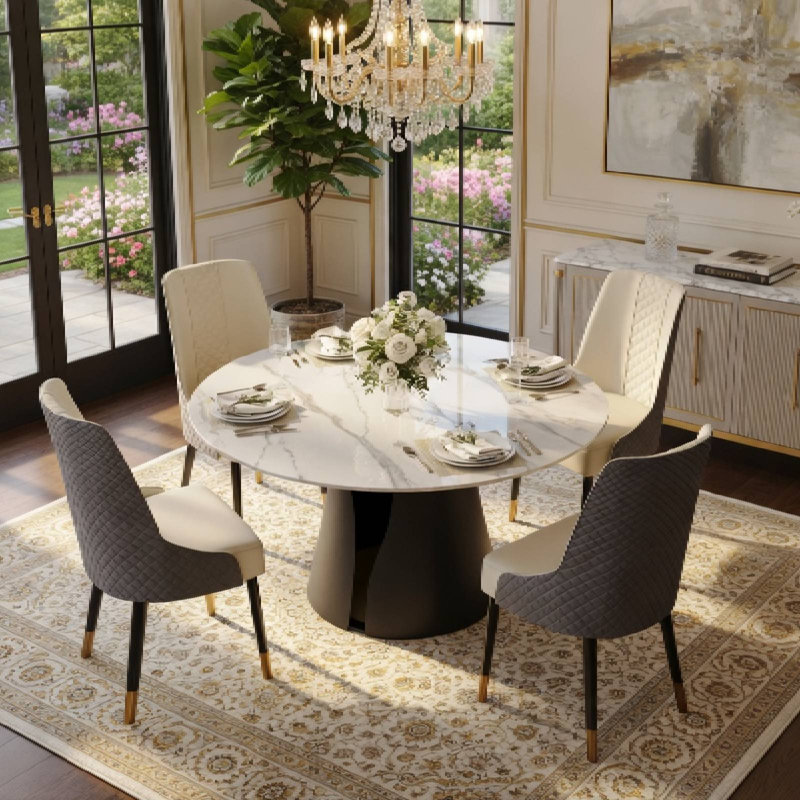 Table de salle à manger 47 po Vera, H 29,53 po x L 47,24 po x l 47,24 po, Blanc lustré, Noir